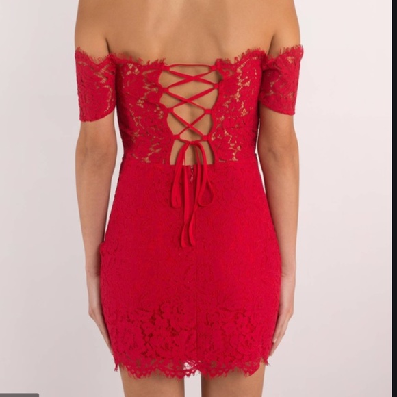 Tobi Emma Off Shoulder Lace Bodycon Dress in Red - Picture 2 of 4